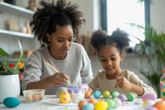 A joyful moment captured of a mother and daughter creating colorful Easter eggs