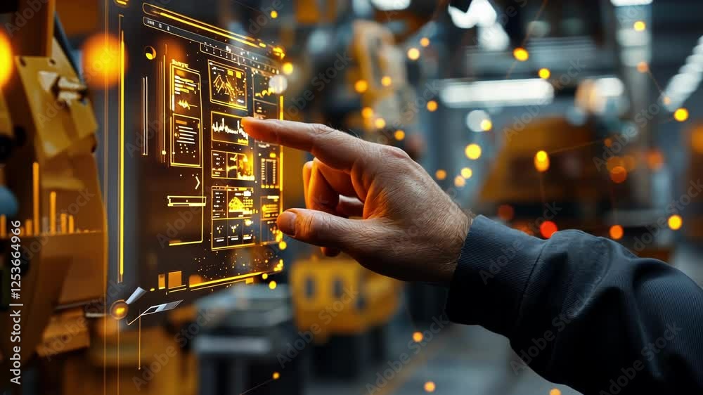 Poster engineer uses a futuristic touchscreen interface to monitor and control automated machinery and prod