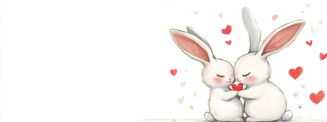 Obraz premium Two adorable white rabbits embracing with a red heart, surrounded by floating hearts, symbolizing love and affection in a charming, playful illustration.