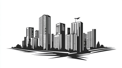 Fototapeta premium Cityscape silhouette, urban buildings, horizon, background plane, graphic design, for print or web