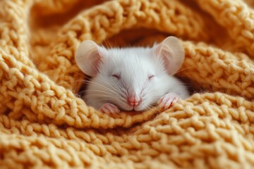 Adorable white mouse sleeping peacefully, wrapped in a soft, yellow knitted blanket, creating a cozy and heartwarming scene