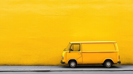 Yellow van parked against bright yellow wall. Urban scene.  Possible use Advertising background