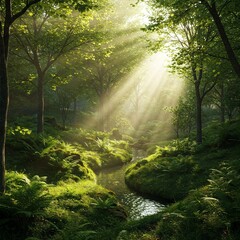 Obraz premium Sunlight filters through the trees in a lush forest