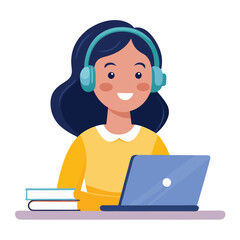 Woman in headphones, studying at laptop. Happy female student watching business webinar. Video conference call, remote work communication. Flat vector illustration isolated on white background