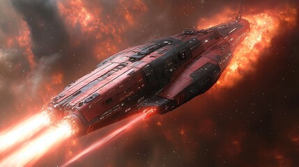Futuristic red spaceship soaring through a fiery nebula, showcasing advanced propulsion and design