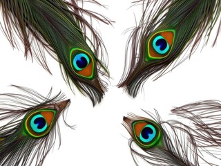 Obraz premium Vibrant peacock feathers spread out gracefully against a clean white backdrop, feathers, exotic