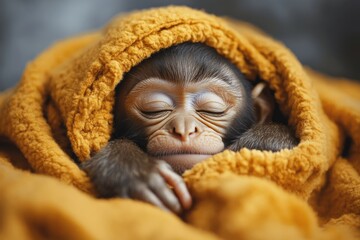 Adorable baby monkey sleeping peacefully wrapped in a soft yellow blanket, enjoying a moment of tranquility and rest