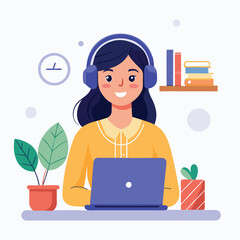 Woman in headphones, studying at laptop. Happy female student watching business webinar. Video conference call, remote work communication. Flat vector illustration isolated on white background