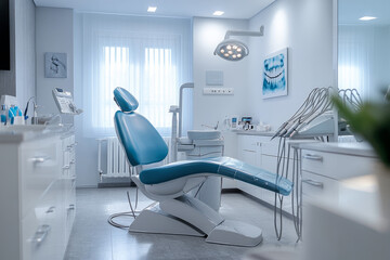 Contemporary dentist office with nobody present, featuring a blue chair, medical equipment, and bright lighting, creating a professional and sterile atmosphere
