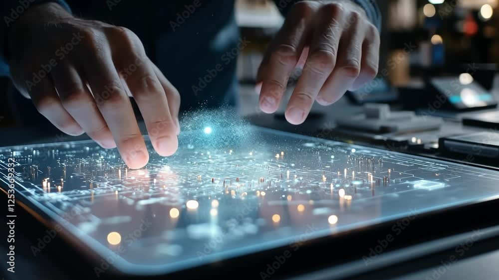Poster close up of hands interacting with a futuristic holographic interface, manipulating a complex circui