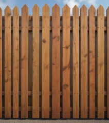 Vertical image of a well-maintained wooden fence painted in medium oak hue, home improvement, boundary