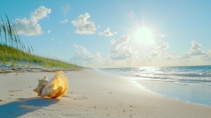 community-driven marketplace. Serene beach scene with a shell and sunlit sky.