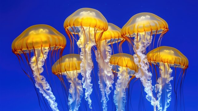 Group of golden - hued jellyfish with flowing white tentacles swimming against a blue background.