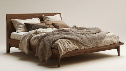 Modern wooden bed frame with cozy neutral linen bedding and textured throw