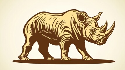 Obraz premium Vintage Illustration of a Standing Rhinoceros with Ornate Detailing in Earthy Tones