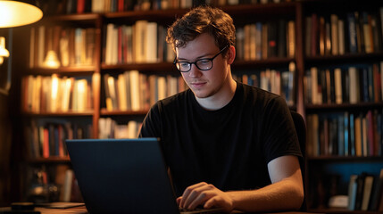 Young student working on laptop in cozy library with warm lighting