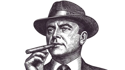 Vintage illustration of a man in a fedora smoking a cigar, exuding a classic noir vibe