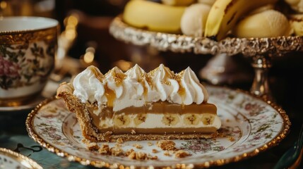 Indulge in a Dessert Combination Banoffee Pie Slice Beside Banana Caramel Ice Cream in a Cozy Kitchen Setting