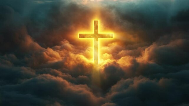 Glowing Christian cross silhouette against dark stormy clouds, warm golden light, symbolizing hope and faith, spiritual background for celebrations, religious events, and reflections, seamless loop