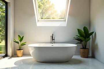 Soft morning light pours through a skylight above a freestanding tub, glass, water, reflection