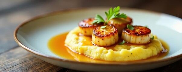 Mashed potatoes topped with a layer of pan-seared scallops and golden brown sauce, mashed potatoes, culinary, flavor