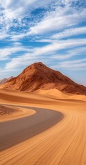 Naklejka premium Desert road curves past red dune, blue sky. Travel background