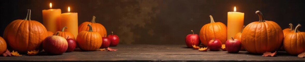 Piles of orange pumpkins and red apples near flickering candles on wooden table, pumpkins, halloween decor