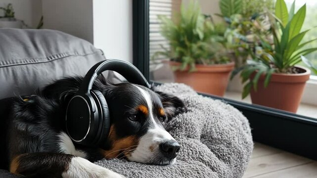 Relaxing dog enjoys soothing music in cozy indoor space surrounded by plants