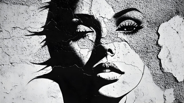 and white stencil art of a woman's face with high contrast shadows on a textured concrete wall 