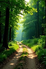 Obraz premium Serene Woodland Path Sunbeams Illuminate a Lush Green Canopy, Casting Shadows on a Gentle Dirt Road Winding Through a Tranquil Forest