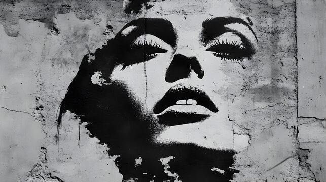 and white stencil art of a woman's face with high contrast shadows on a textured concrete wall 