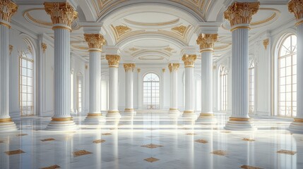 A grand, luminous hall with tall columns and large windows, showcasing elegant architecture.