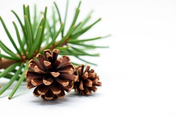 Pine cone and needles isolated on white background, minimalist, pine