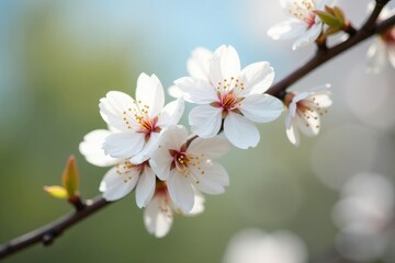 Delicate white blossoms on apricot tree branches, springtime, blossoming, spring