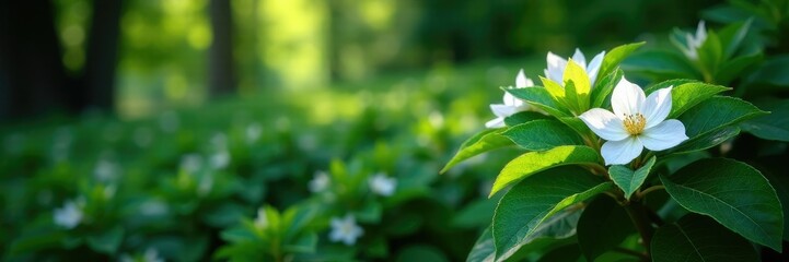 Dark foliage with white blooms amidst the green leaves in a shaded area, trees, garden
