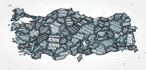 Turkey regions word clouds. Country shape on textured background. Turkey design in typographic style. Awesome vector illustration.