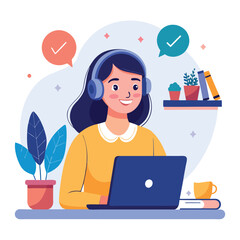 Woman in headphones, studying at laptop. Happy female student watching business webinar. Video conference call, remote work communication. Flat vector illustration isolated on white background