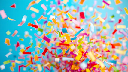colorful confetti explosion in mid-air on blue background representing celebration, party, joy, happiness, birthday, and festival vibes