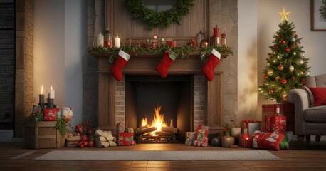 Obraz premium Wooden fireplace with Christmas stockings and holly, stockings, holly