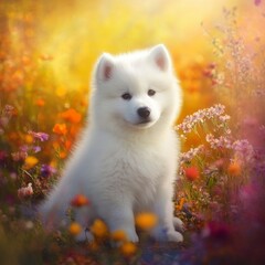 Obraz premium Fluffy White Puppy Sitting Amid Colorful Flowers In Soft Light