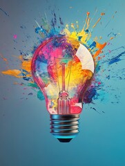 Creative light bulb explodes with colorful paint and colors on light background. Color splash in bulb with colorful background. New idea, brainstorming concept. Generative AI