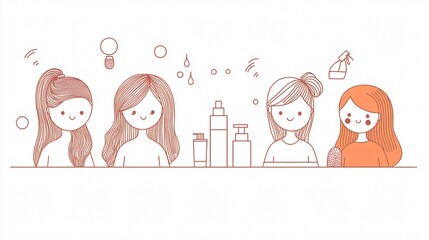 A set of line icons illustrating various hair care routines at home, including hair washing, drying, and styling.