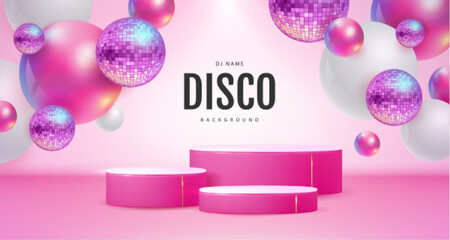 Disco party showcase pink background with 3d podium, disco ball spheres and holographic pink spheres. Vector illustration