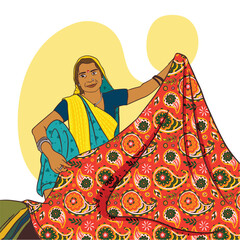 Indian rural woman selling clothes in a marketplace. Women empowerment, small business, entrepreneurship