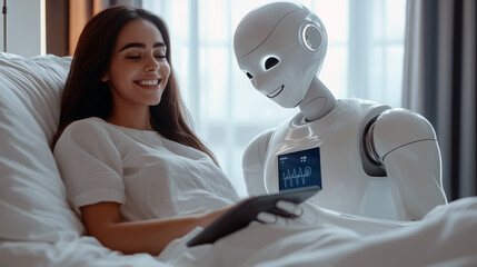 Humanoid assisting doctor in examining patient in modern hospital room with medical equipment. Sense of innovation, efficiency, and compassionate care provided by robot in collaboration with human.