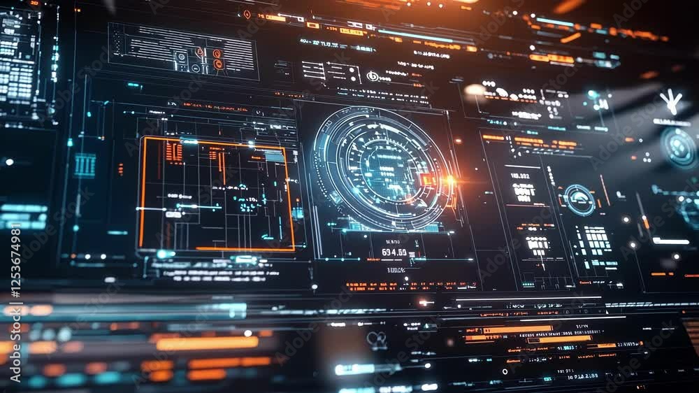 Poster futuristic head up display is showing complex data analysis and processing information with light ra