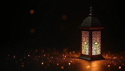 Illuminated Ornate Lantern Festive Ramadan Decor Dark Background Gleaming Glitter