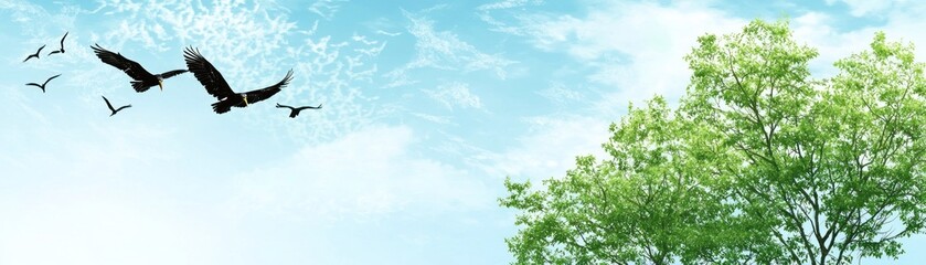 Obraz premium Birds flying in a clear sky with trees. Nature background