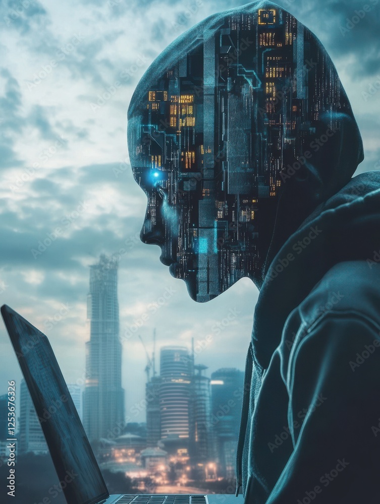 Poster hacker with laptop looking at creative concrete ai icon on cloudy background. artificial intelligenc