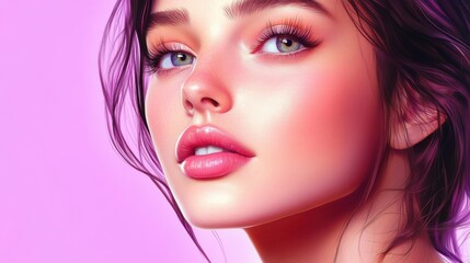 Fototapeta premium Portrait of beautiful young woman.The face of a beautiful with perfect smooth skin. on a pastel purple background.